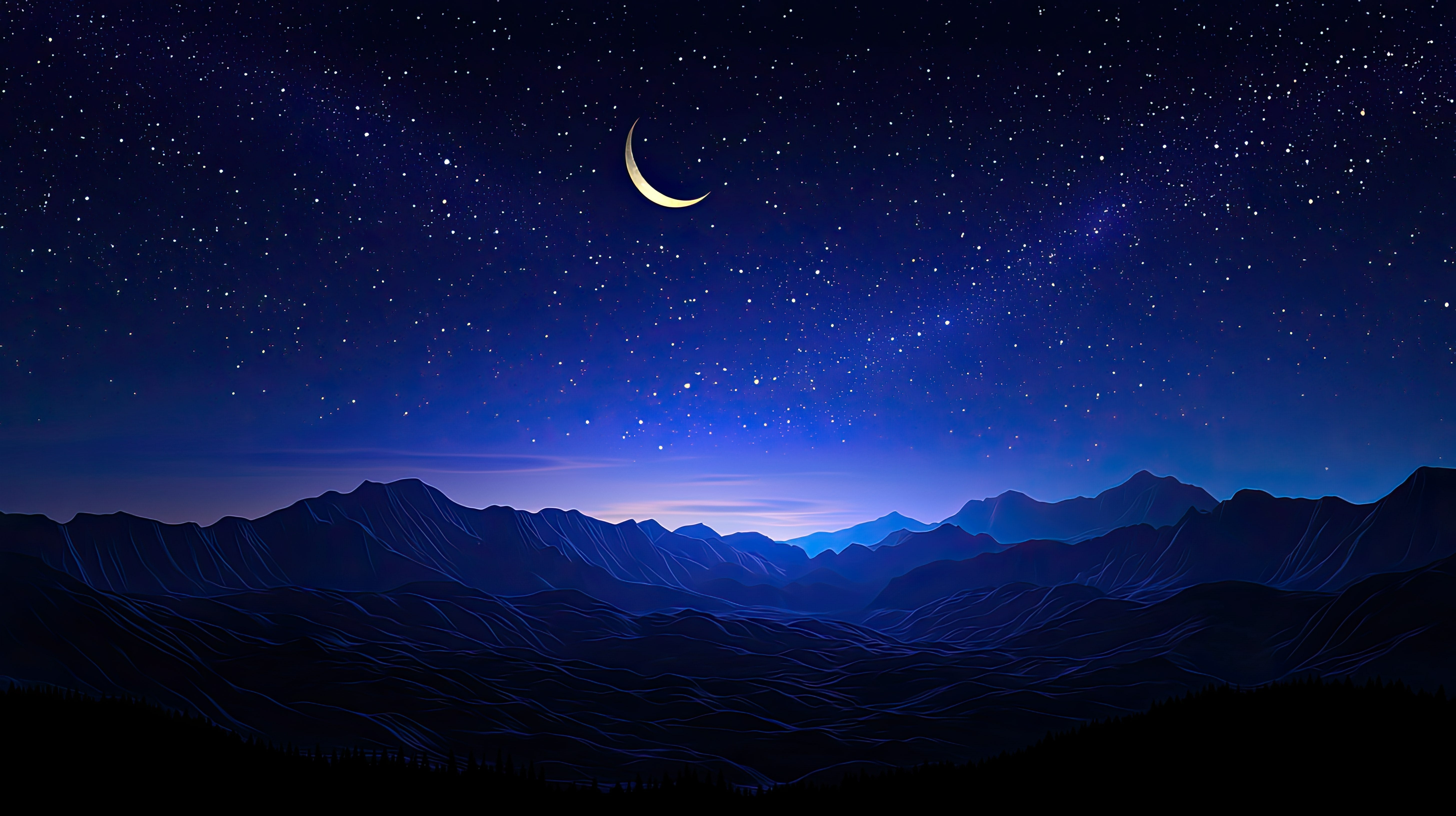 Night sky over majestic mountains, crescent moon and stars